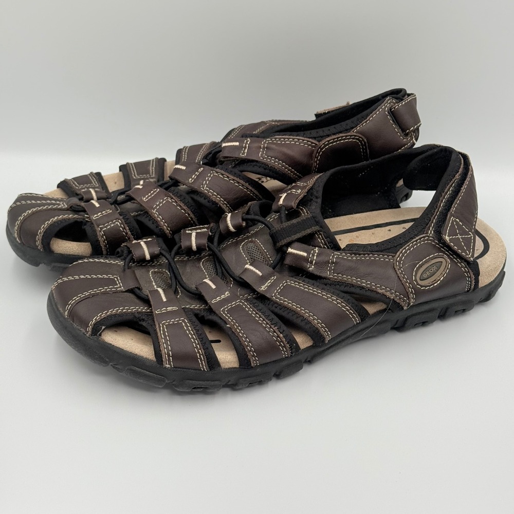 Geox Respira Mens Brown Leather Fisherman‎ Sandals US 8 EUR 41 Bungee Strap - Picture 3 of 8